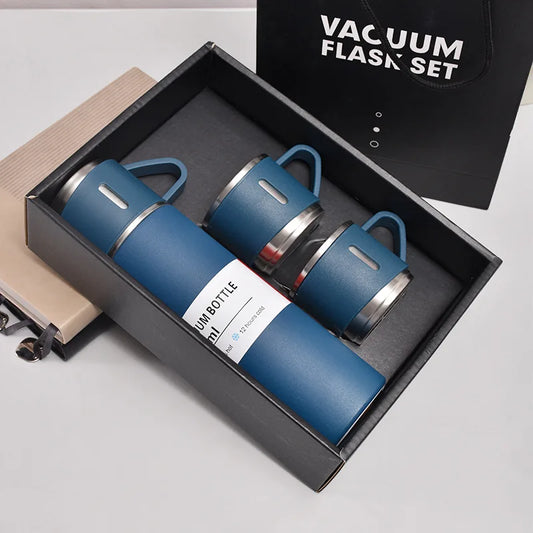 Stainless Steel Vacuum Insulated Bottle Set: Office & Travel Thermos Flask with Cups - Hot & Cold Drink Carafe Gift Box - LoftShop