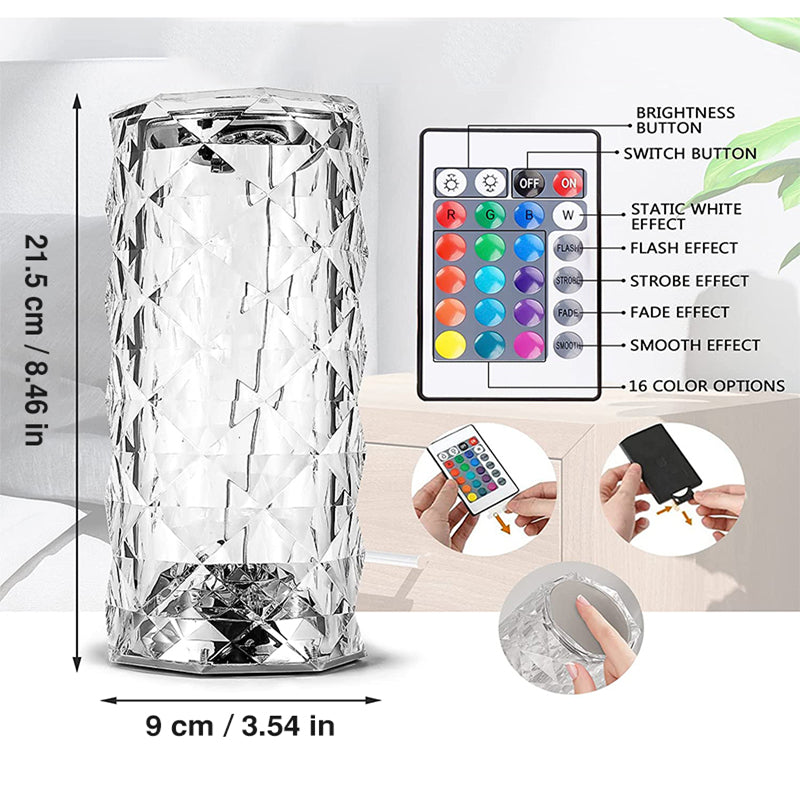 RGB Crystal Diamond Lamp: Touch-Controlled LED Rose Light Projector with 16 Colors and Remote - LoftShop